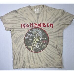 Iron Maiden T-Shirt Medium Beige Tie Dye Eddie Graphic Metal Band Tee 2022